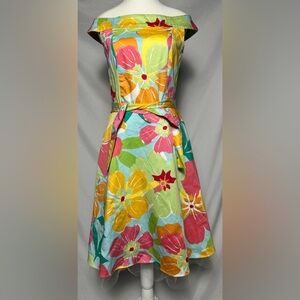 FRANK LYMAN Vintage Retro Bright Floral Off the Should Midi Dress Size 4